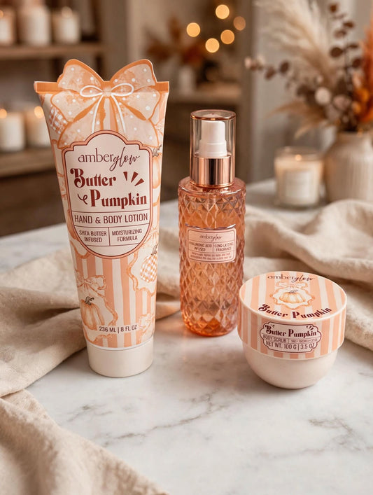 Amberglow Butter Pumpkin Luxe 3-Piece Set - SALE | Hand & Body Lotion + Body Mist + Body Scrub | Fall Gift Set