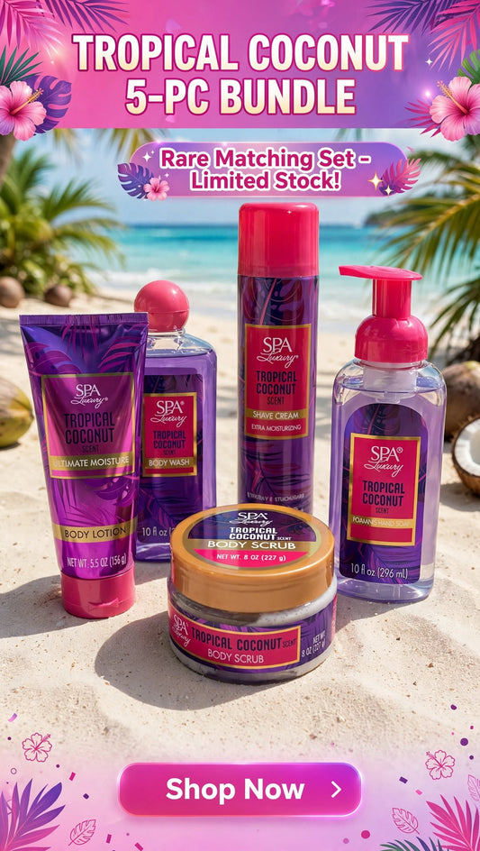 Tropical Coconut 5-PC Bundle - Rare Complete Matching Set - Body Lotion, Body Wash, Shave Cream, Foaming Hand Soap + Body Scrub - Limited Stock!