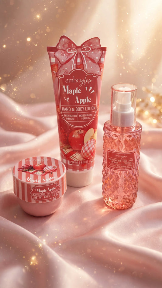 Amberglow Maple Apple Cozy Collection | Hand & Body Lotion + Hair & Body Mist + Body Scrub | Apple Orchard Scent