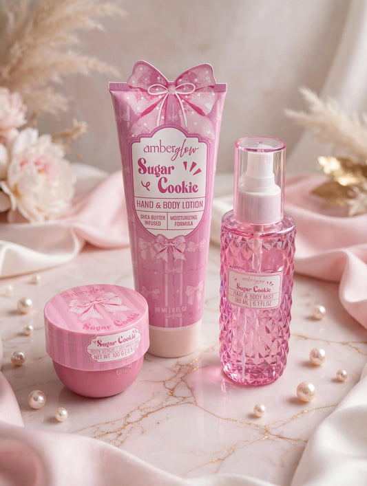 Amberglow Sugar Cookie Luxe Body Set | Hand & Body Lotion, Hair & Body Mist & Body Scrub | Sweet Vanilla Gift Set