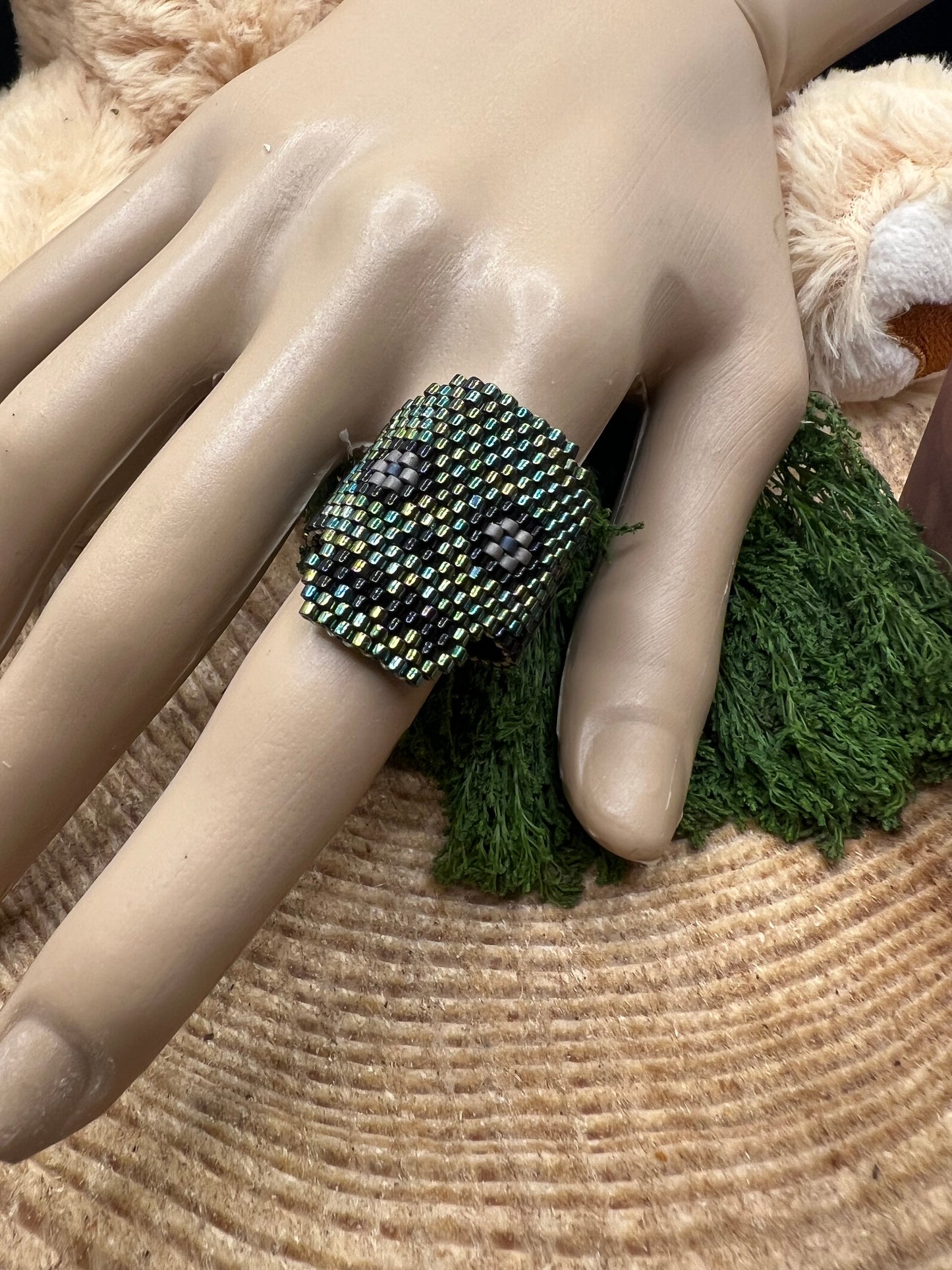 Handmade Huichol Skull Miyuki Bead Ring