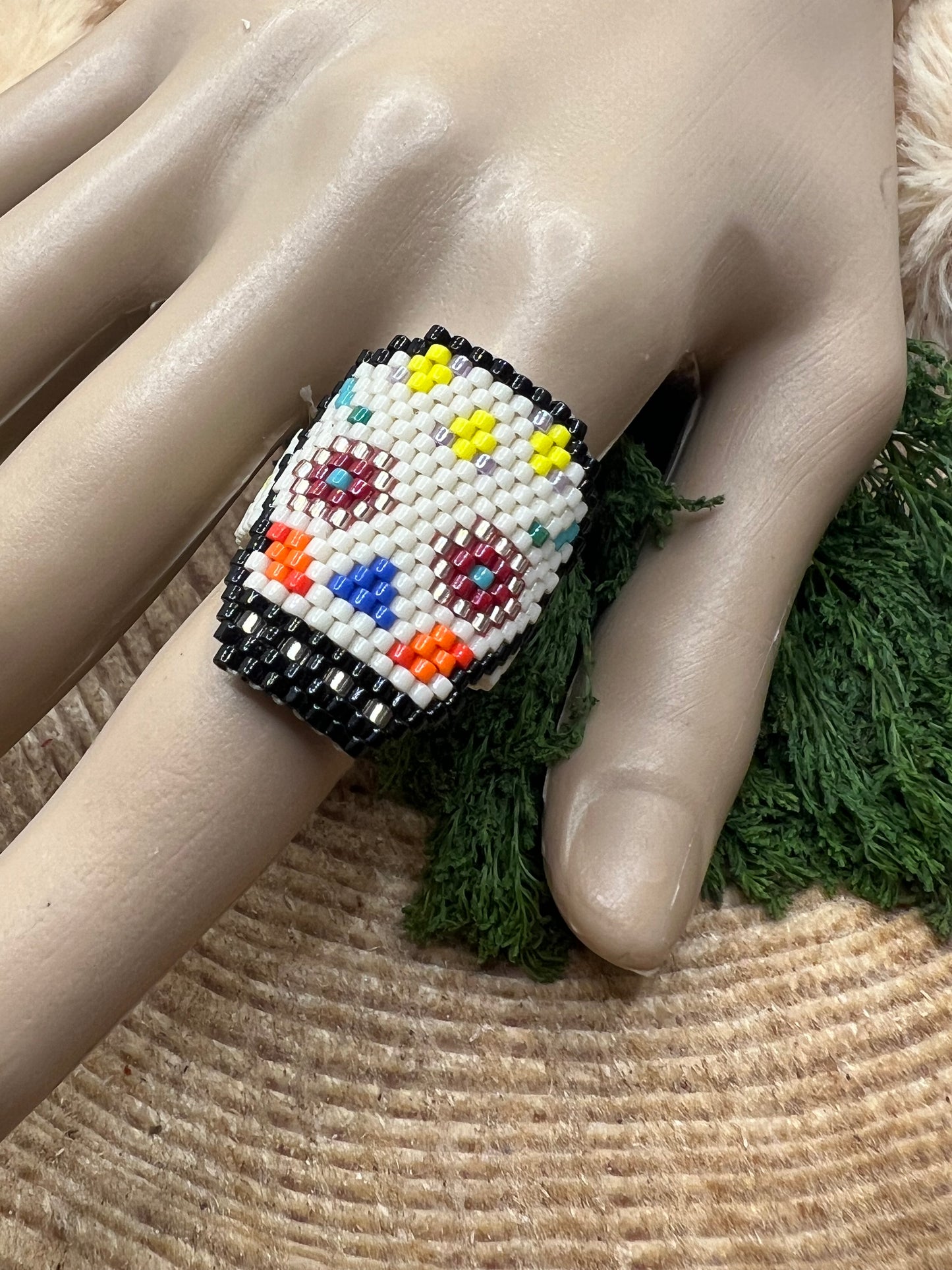 Handmade Huichol Skull Miyuki Bead Ring