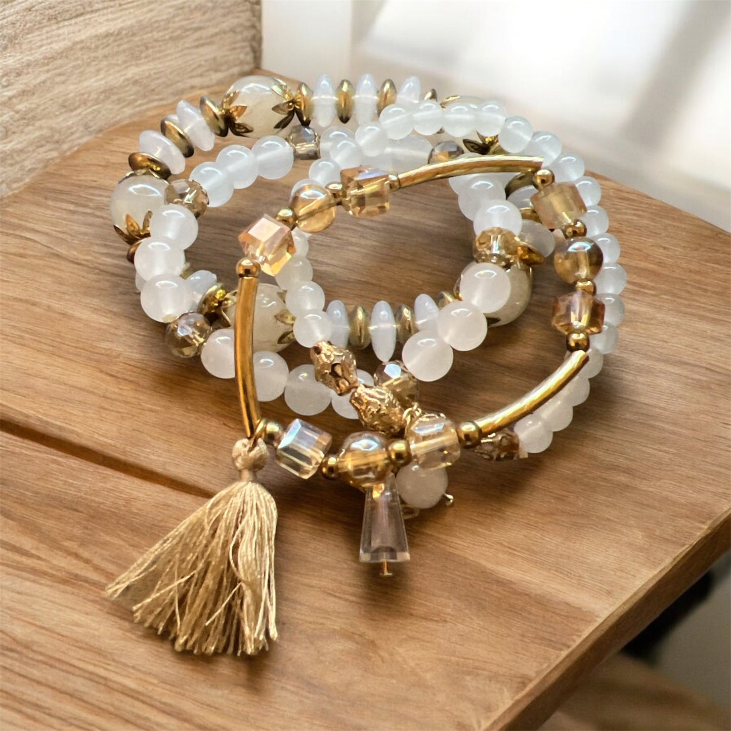 4pc Handcrafted Multilayer Natural Stone Crystal Beads  Fashion Bracelet set